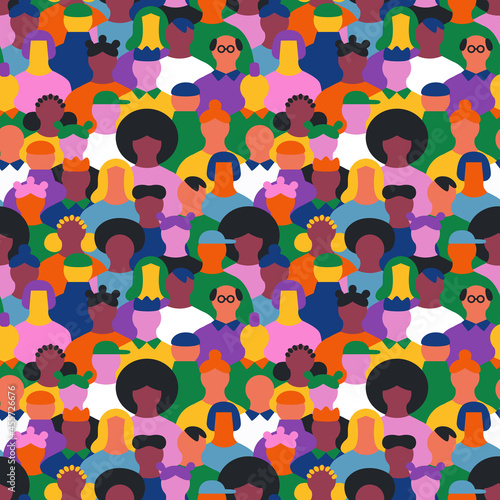 Diverse cartoon people crowd seamless pattern