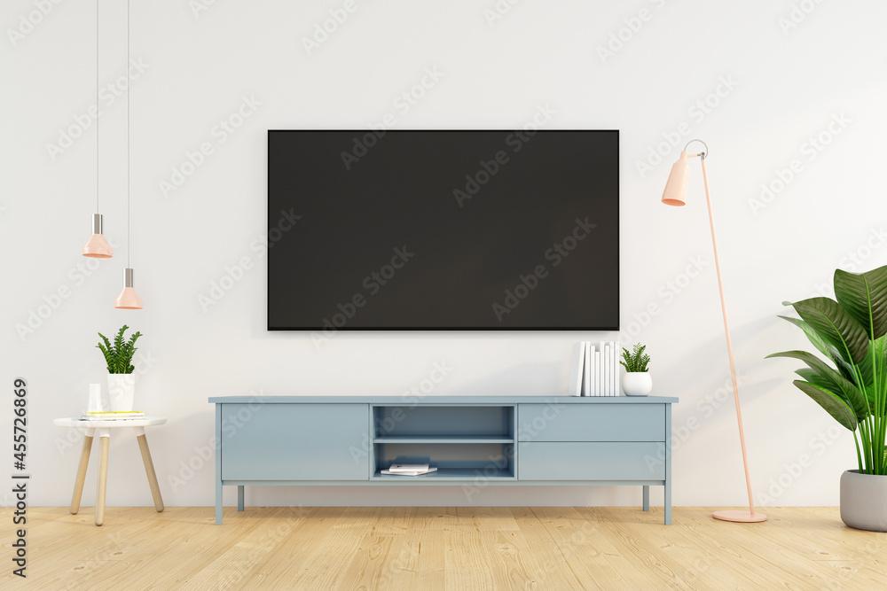 Minimalist living room with Tv cabinet on the white wall. 3d rendering Minimalist living room with Tv cabinet on the white wall. 3d rendering