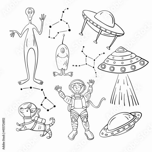 Set of doodle space illustration. Hand-drawn cartoon astronauts, aliens , flying saucers and stars.