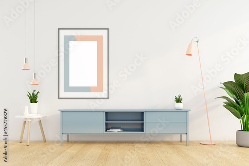 Fototapeta Naklejka Na Ścianę i Meble -  Minimalist living room with Tv cabinet on the white wall and picture frame. 3d rendering