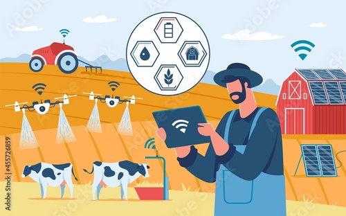 Smart farming, innovative farming technology, agricultural drones. Ecological solar powered farm, agriculture automation vector illustration. Monitoring farmland, future wireless control