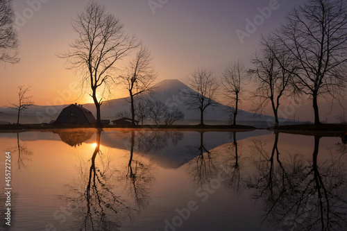scenic landscape of mountain Fuji or Fujisan on during sunset, Japan
