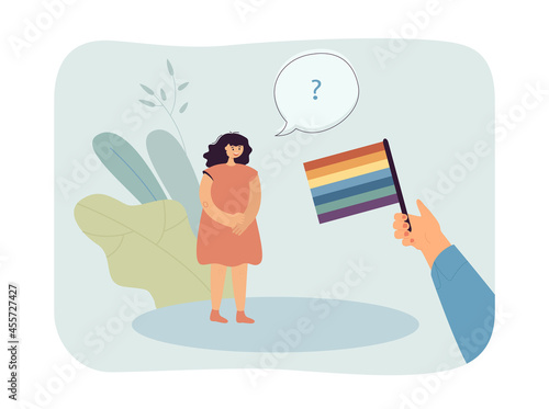 Hand holding rainbow flag and confused little girl. Person teaching daughter about homosexuality flat vector illustration. LGBT community, education concept for banner, website design or landing page