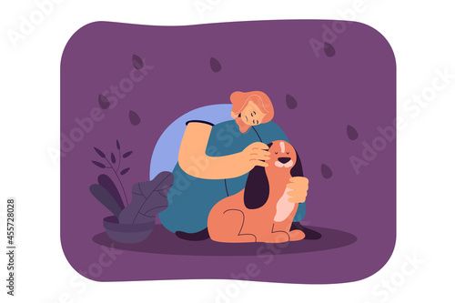 Upset cartoon woman hugging dog for emotional support. Depressed girl with domestic animal flat vector illustration. Pets, friendship, mental health concept for banner, website design or landing page