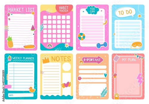Cute planner pages with stickers, notebook or diary template. Weekly planner, to do list, habit tracker kids journal page design vector set. Schedule, you can and plans checklist for print