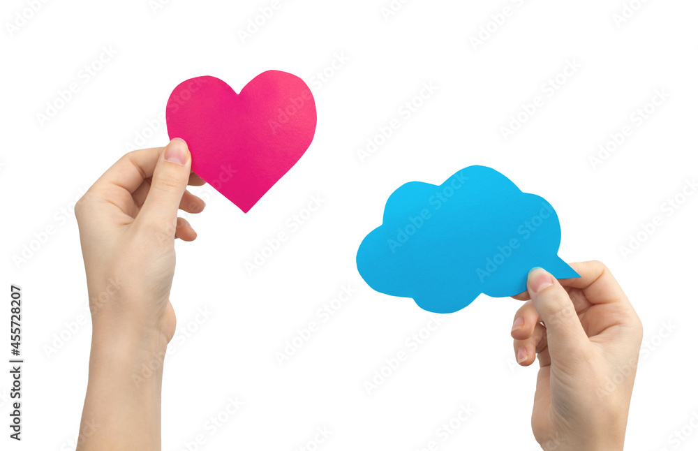 Set of colorful speech bubbles in female hands, shape of heart and cloud, mockup text message, isolated on a white background photo Set of colorful speech bubbles in female hands, shape of heart and cloud, mockup text message, isolated on a white background photo