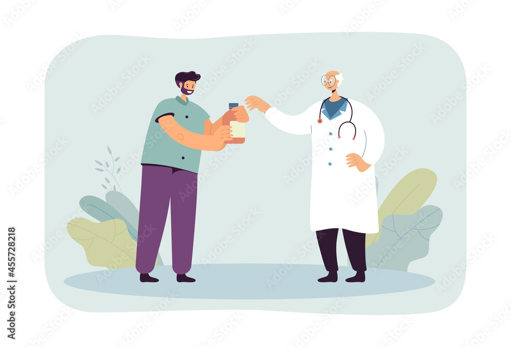 Male cartoon patient receiving medication from elderly doctor. Medical professional giving pills to man flat vector illustration. Medicine, health concept for banner, website design or landing page