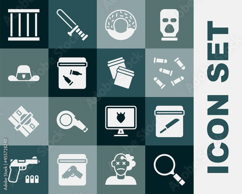 Set Magnifying glass with search, Evidence bag knife, Bullet, Donut, bullet, Sheriff hat badge, Prison window and Plastic ziplock icon. Vector