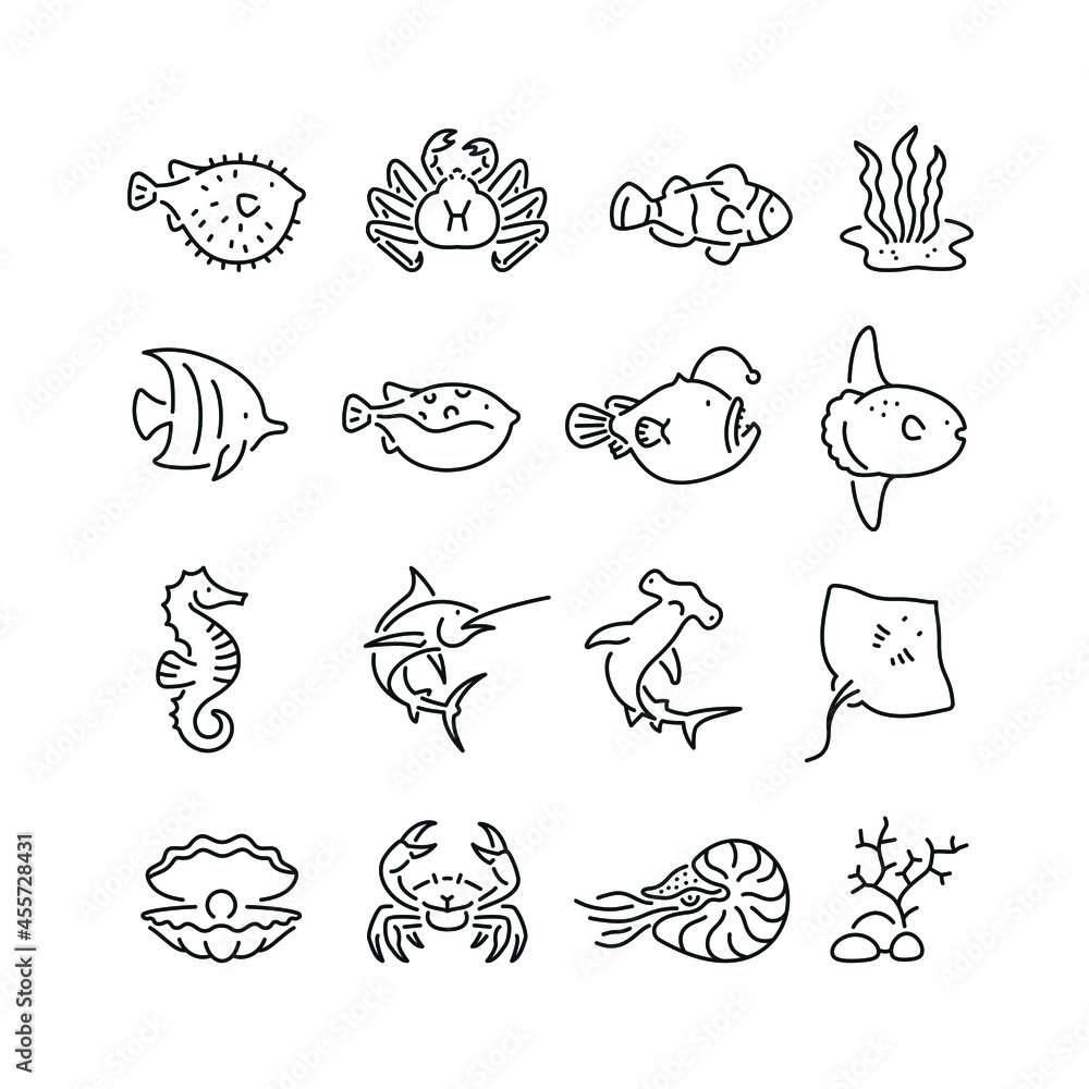 Marine life related icons: thin vector icon set, black and white kit