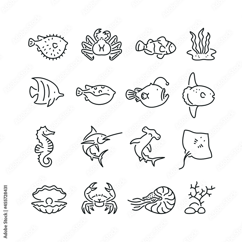 Marine life related icons: thin vector icon set, black and white kit Marine life related icons: thin vector icon set, black and white kit