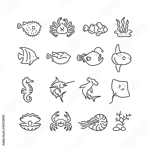 Marine life related icons: thin vector icon set, black and white kit photo
