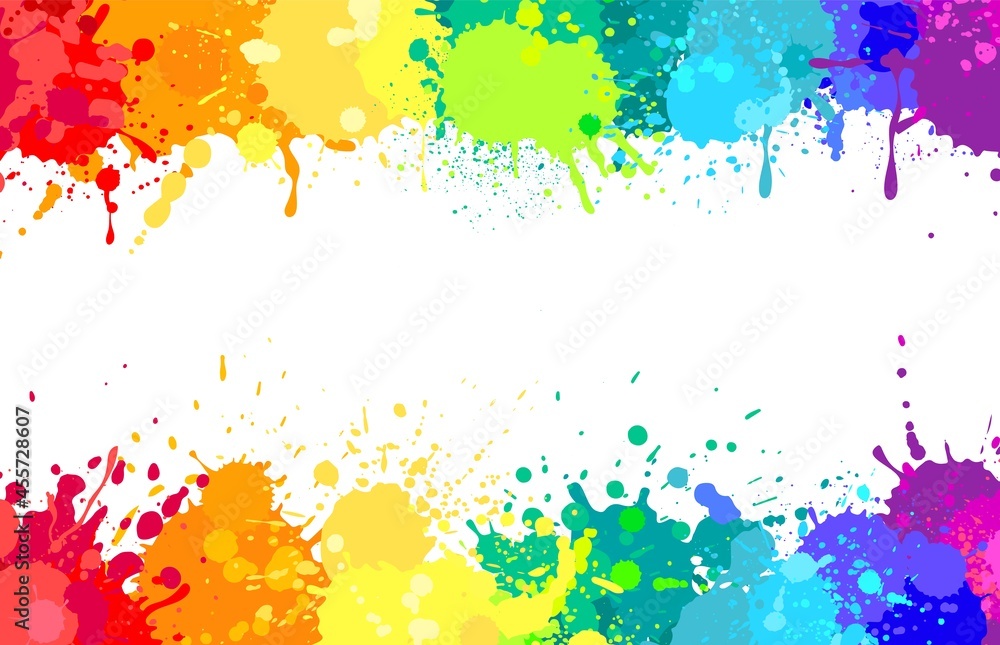 Colorful paint splatter background, painted rainbow splashes. Colored watercolor splash, abstract color spray paints explosion vector banner. Space for text with stains border or frame