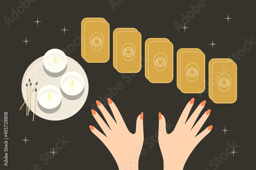 Divination by tarot cards, candles, star. Fortunetellers hands, manicure. Fortune telling table. Vector illustration