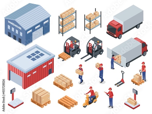 Isometric logistic delivery, distribution warehouse, transportation logistics. Courier or delivery man, cargo truck, forklift vector set. Male employee carrying packages or parcels photo