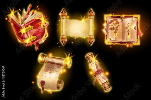 Old parchment vector magic illustration, game papyrus scroll paper, witchcraft spell book, glow UI set. Medieval antique manuscript page, royal treasure kit vintage empty scroll. History old parchment