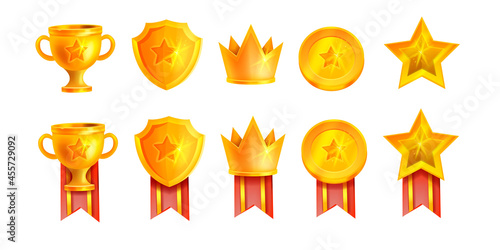 Winner golden trophy vector cup illustration kit, victory game champion badge set, crown, red ribbon. UI achievement medal icons, mobile casino app design element, shield, star. Golden trophy clipart