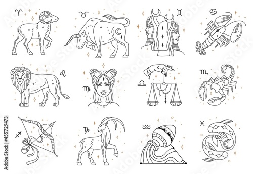 Horoscope zodiac signs  astrology constellations symbols. Lion  pisces  capricorn  libra  cancer  sagittarius astrological sign vector set. Hand drawn sky symbols isolated on white