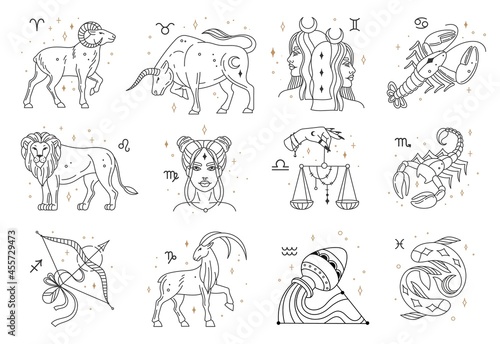 Horoscope zodiac signs, astrology constellations symbols. Lion, pisces, capricorn, libra, cancer, sagittarius astrological sign vector set. Hand drawn sky symbols isolated on white