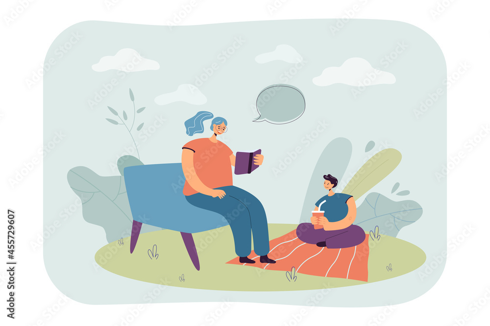 Cartoon mother sitting on sofa and reading book to son. Boy sitting on floor and listening to woman flat vector illustration. Family, parenting concept for banner, website design or landing web page