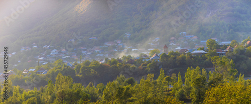 The ancient village of Kish and the dome of the ancient Albanian church at sunrise