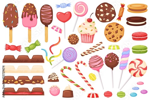 Cartoon candies, sweets, desserts, lollipops, chocolate. Candy, cupcake, macaron, ice cream, jelly worm. Sweet confectionery dessert vector set. Cookies and muffins for candy bar isolated on white