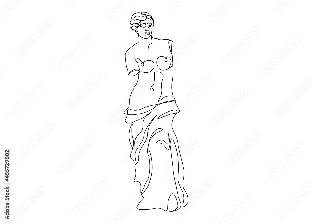 Fototapeta premium Ancient greek sculpture line art. Mythology Venus de Milo statue hand drawn continuous line, Aphrodite goddess. Vector illustration