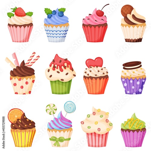 Cartoon cupcake with various toppings, delicious sweet desserts. Muffins or cupcakes with chocolate cream, fruits. Confectionery vector set decorated with lollipops, strawberry, blackberry