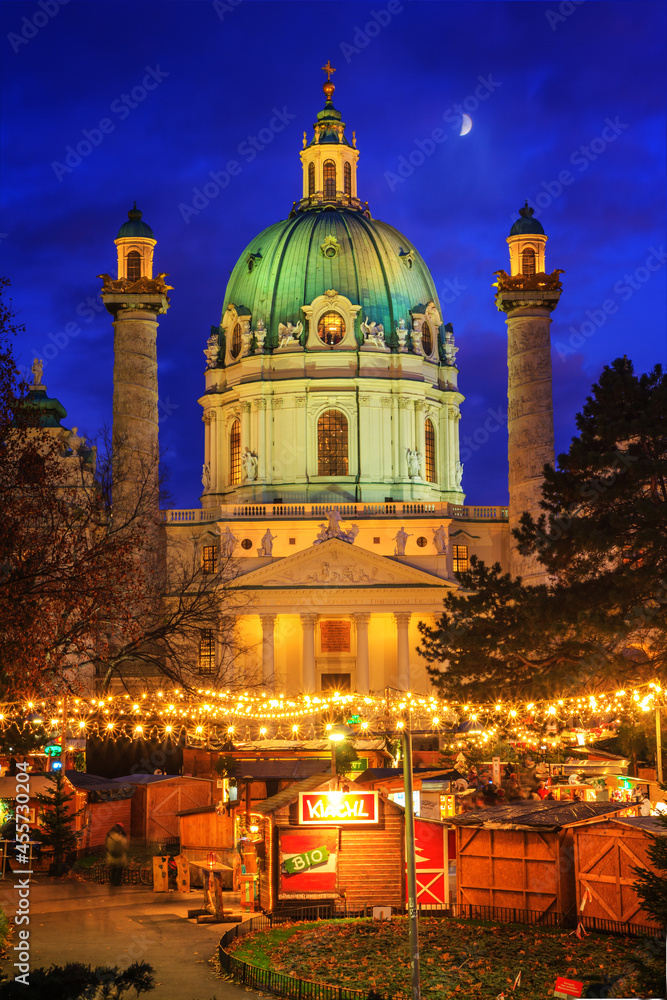 Festive cityscape - view of the Christmas Market on Karlsplatz (Charles' Square) and the Karlskirche (St. Charles Church) in the city of Vienna, Austria, 3 December, 2019 Festive cityscape - view of the Christmas Market on Karlsplatz (Charles' Square) and the Karlskirche (St. Charles Church) in the city of Vienna, Austria, 3 December, 2019