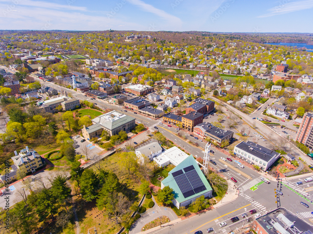 Massachusetts Avenue aerial view including First Parish Unitarian Universalist church and Town Hall near Mystic Street in historic town center of Arlington, Massachusetts MA, USA. 