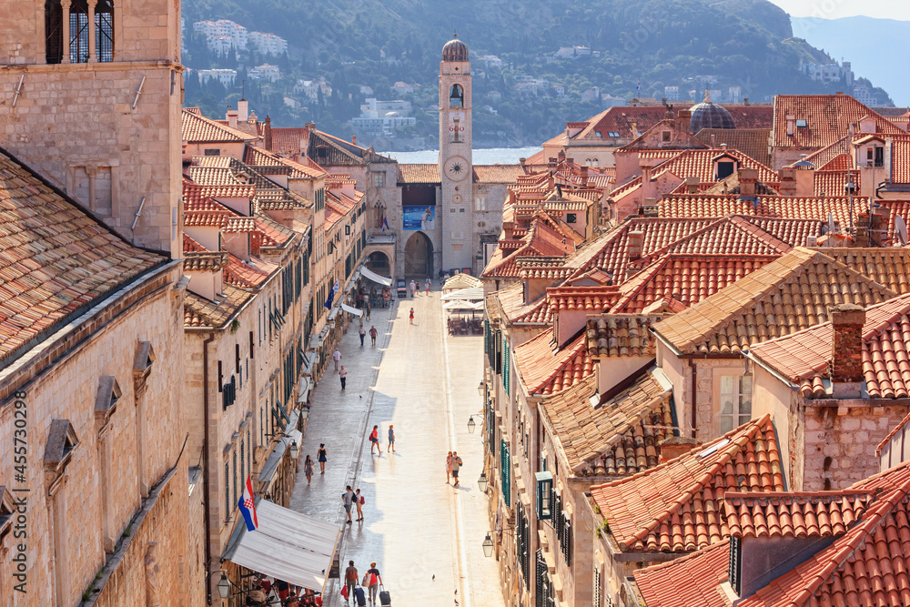 Summer cityscape - top view of Stradun or Placa is the main street in the Old Town of Dubrovnik on the Adriatic Sea coast of Croatia, 23 June, 2019