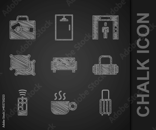 Set Sofa, Coffee cup, Suitcase, Remote control, Pillow, Lift and icon. Vector