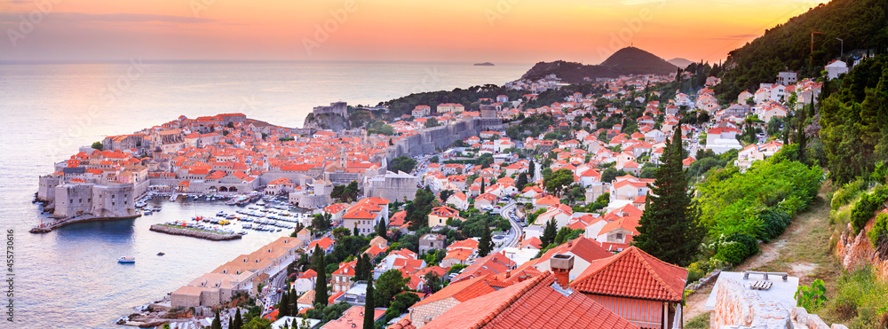 Panoramic top view of Dubrovnik with the Old Town, banner, panorama in beautiful evening light at sunset, the Adriatic coast of Croatia