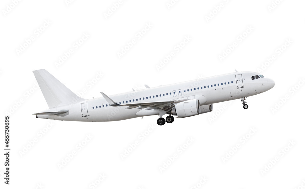 Modern passenger airliner during flight, isolated on white background, side view close up