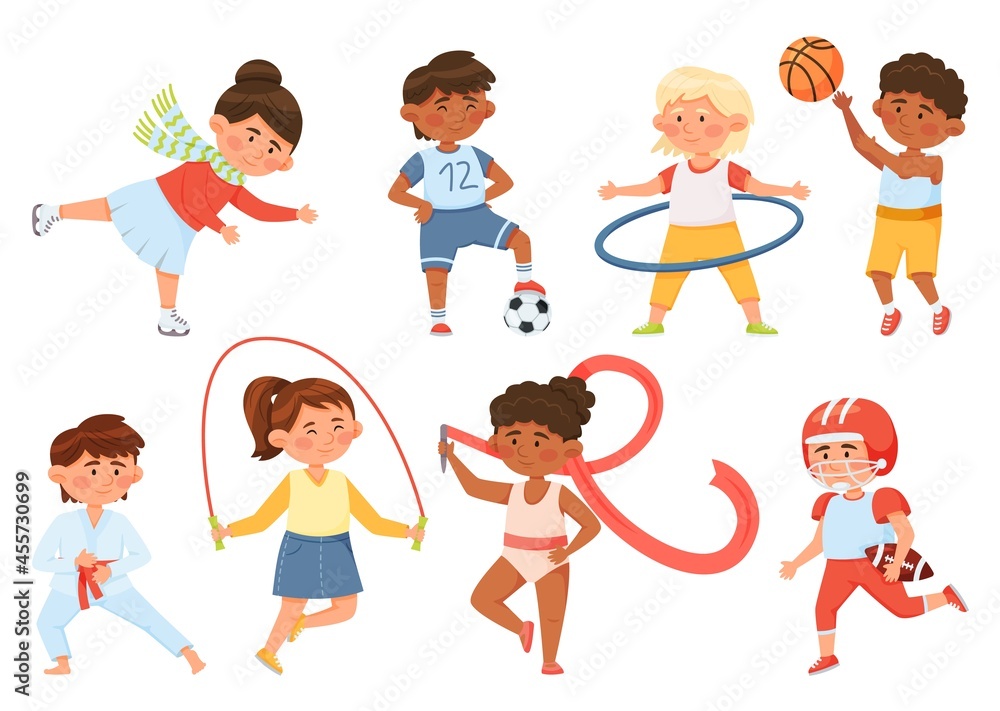 Cartoon children exercising, kids doing sports and gymnastics. Boys and girls playing ball, ice skating, skipping rope, doing karate vector set. Active and healthy lifestyle activities