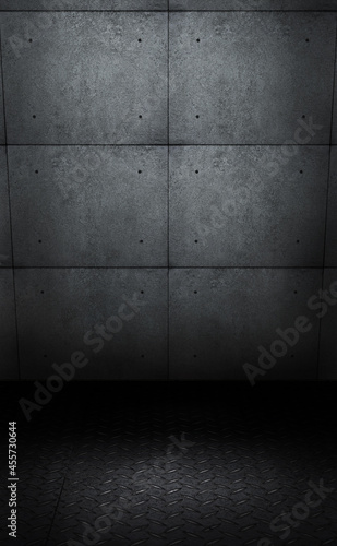 Photoshoot backdrop template, with concrete planes and metal anti slip material, floor. A background Ideal for fashion, studio photography, or advertising product pack shots