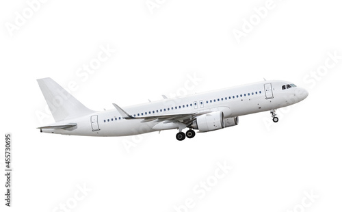 Modern passenger airliner during flight, isolated on white background, side view close up