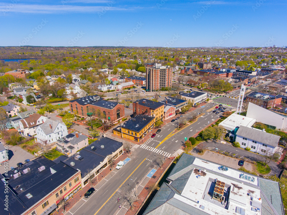 Massachusetts Avenue aerial view at Mystic Street in historic town center of Arlington, Massachusetts MA, USA. 