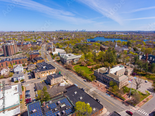 Tableau sur toile Arlington historic town center aerial view on Massachusetts Avenue at Mystic Street and Broadway with Boston at the background, Arlington, Massachusetts MA, USA