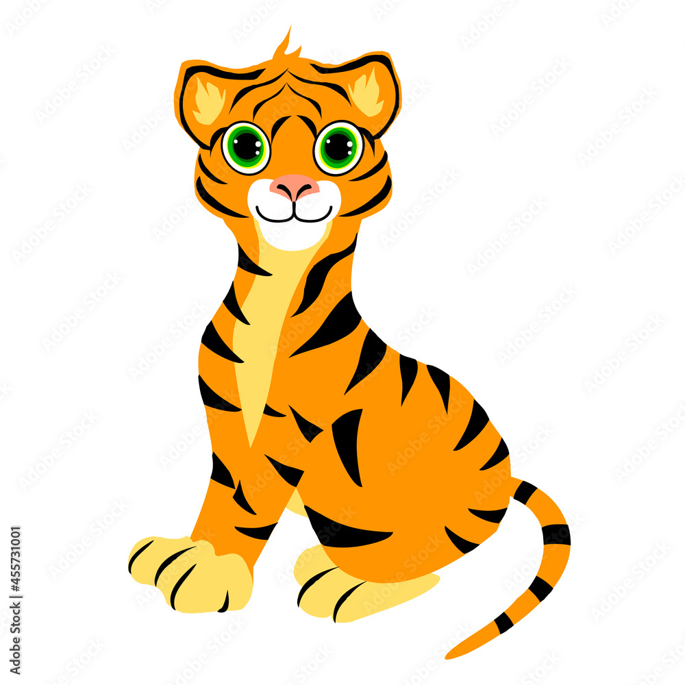 Charming little tiger on a white background.The symbol of the year 2022.Vector animal can be used in textiles,postcards,banners. Charming little tiger on a white background.The symbol of the year 2022.Vector animal can be used in textiles,postcards,banners.