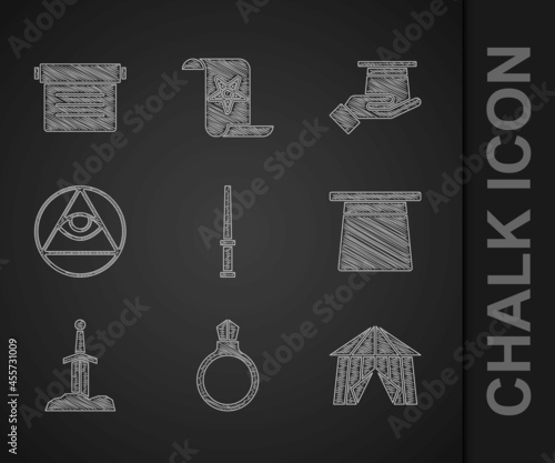 Set Magic wand, stone ring with gem, Circus tent, hat, Sword the, Masons, Magician hand and Ancient magic book icon. Vector