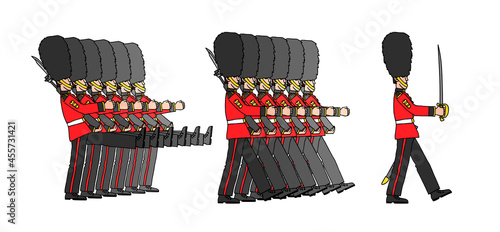 a festive military parade, marching royal soldiers in fur hats, a detachment of London guards, a color vector illustration with black contour lines isolated on a white background in a cartoon and hand