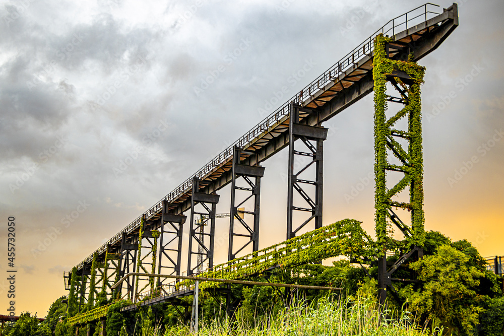 grün bewachsene Brücke einer Industrieruine