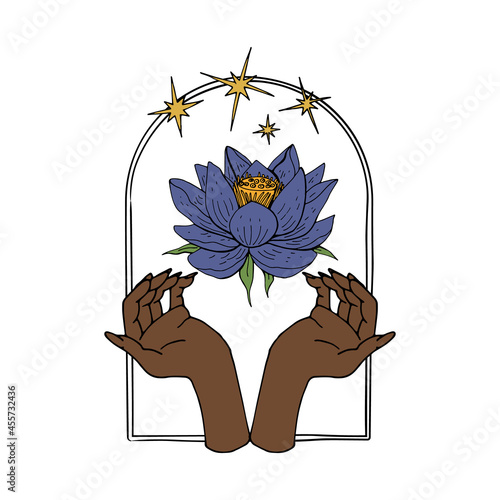 Vintage Mystic hands and lotus flower bloom inside arch with stars Illustration