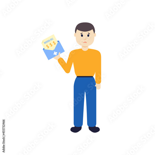 Man receiving medical invoice for treatment and health care expenses. Bill sent by the hospital. Patient with a payment receipt in an envelope. Finance concept. Cartoon character vector illustration.