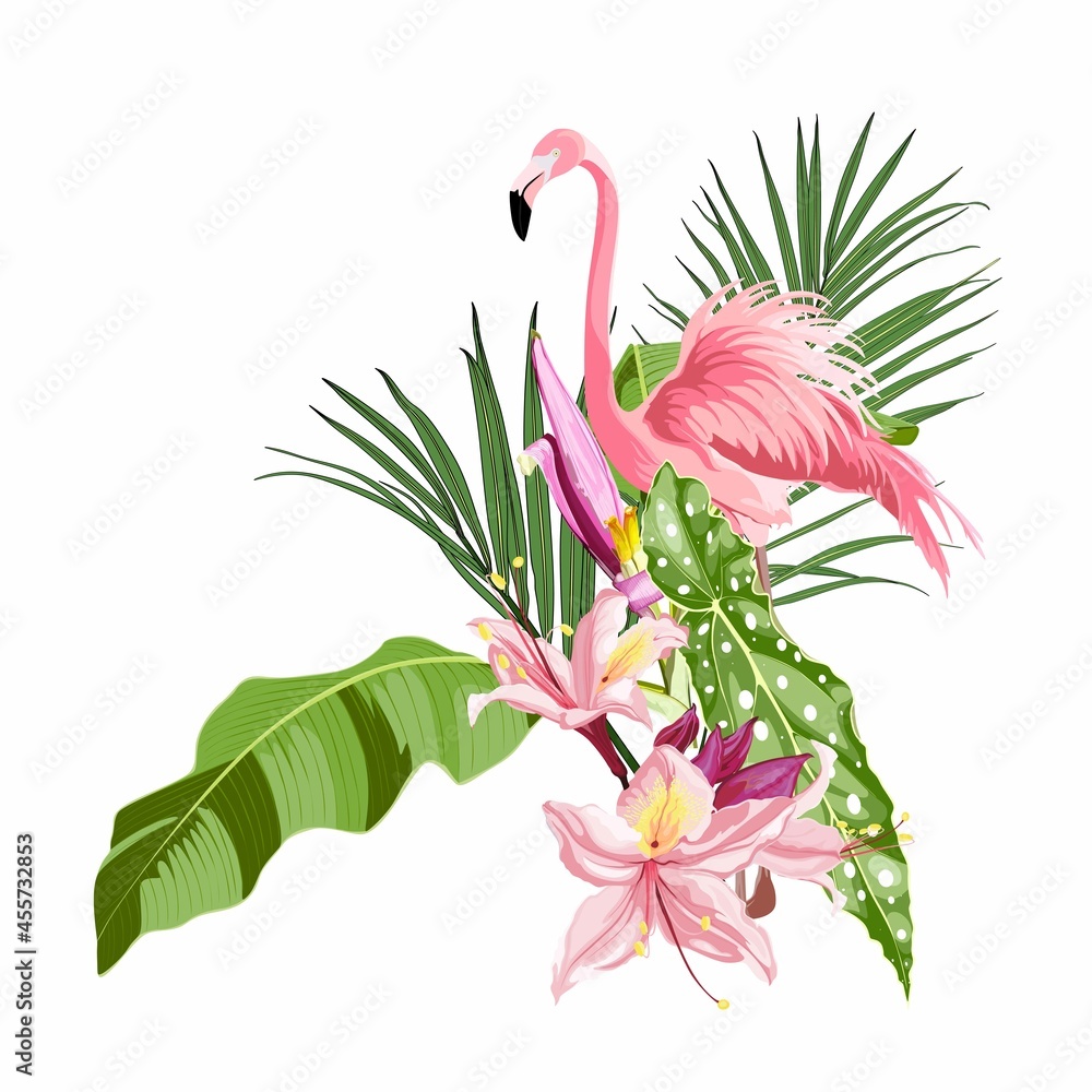 Exotic pink flamingo bird with leaves and flowers set. Element for card template. Detailed design illustration. Valentine.