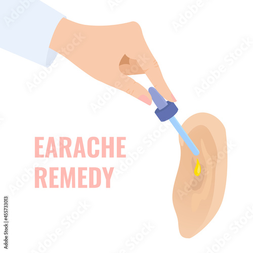 Doctor treating earache by dripping drops to the patient ear. Otitis disease treatment. Remedy for hearing problems. Earache as a symptom of coronavirus. Medical vector illustration.