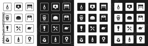 Set BBQ brazier, Burger, Brick stove, Sauce bottle, Barbecue grill, Location with fire flame, Roasted turkey or chicken and Chicken leg icon. Vector