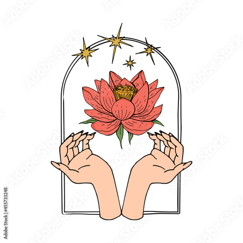 Vintage Mystic hands and lotus flower bloom inside arch with stars Illustration