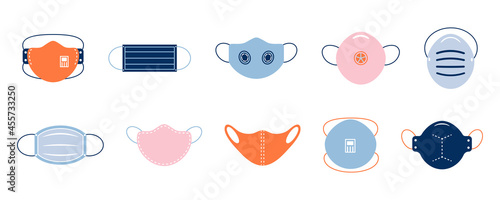 A set of medical face masks. Various protective respirators against viruses, dust and respiratory diseases.Protection from coronavirus. Color vector illustration in a flat cartoon style.