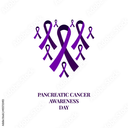 Pancreatic cancer awareness poster with a heart made of ribbons on white background. Purple bows for support and solidarity concept. Pancreatitis disease medical concept. Vector illustration.